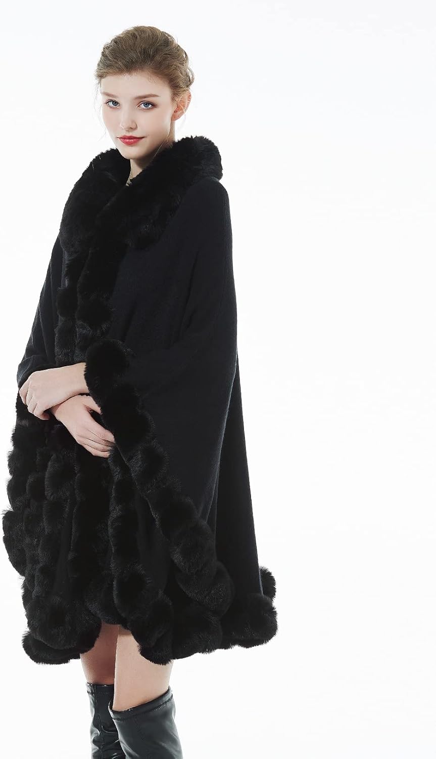 BEAUTELICATE Kunstpelz Poncho Cape Strick Damen Winter Kunstfell Stola Schal Cape Cardigan Warm mit