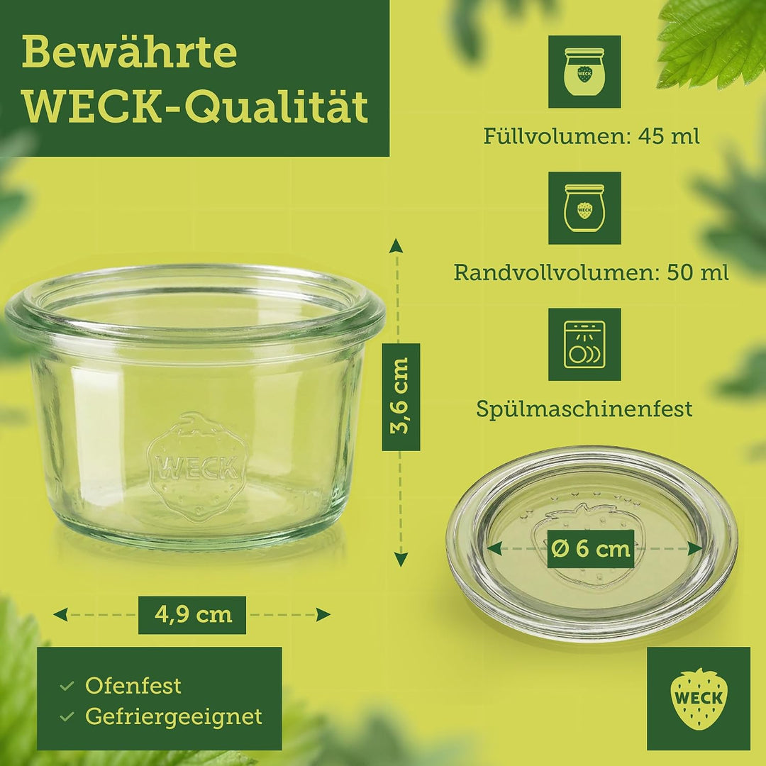 Weck Gläser 45ml – 12er Set mit Deckeln – Sturzform – robuste, stapelbare Dessertgläser, Einkoch- &amp;
