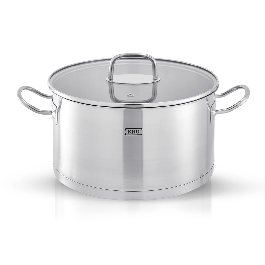KHG Topf Kochtopf Fleischtopf 24 cm Induktion, Edelstahl unbeschichtet inkl. Glasdeckel | 11,5 cm ho