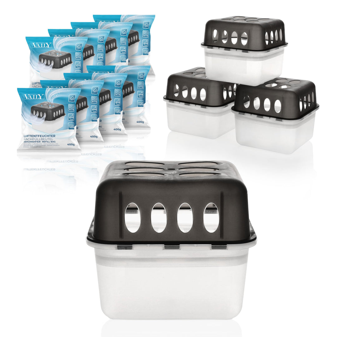 Vaily Luftentfeuchter 4er Set mit 8x 400g Nachfüllbeutel - Raumentfeuchter mit Granulat für Bad, Kel