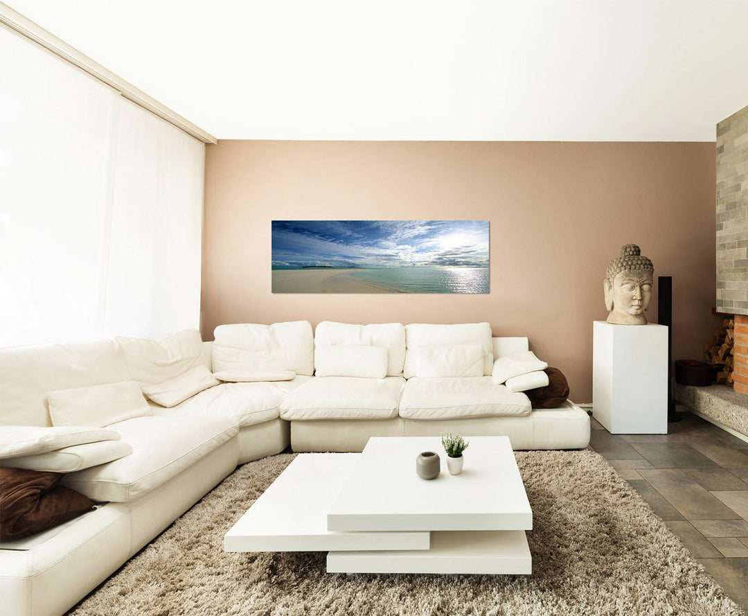Paul Sinus Art Panoramabild auf Leinwand und Keilrahmen 150x50cm Malediven Strand Meer Wolken Sonnen