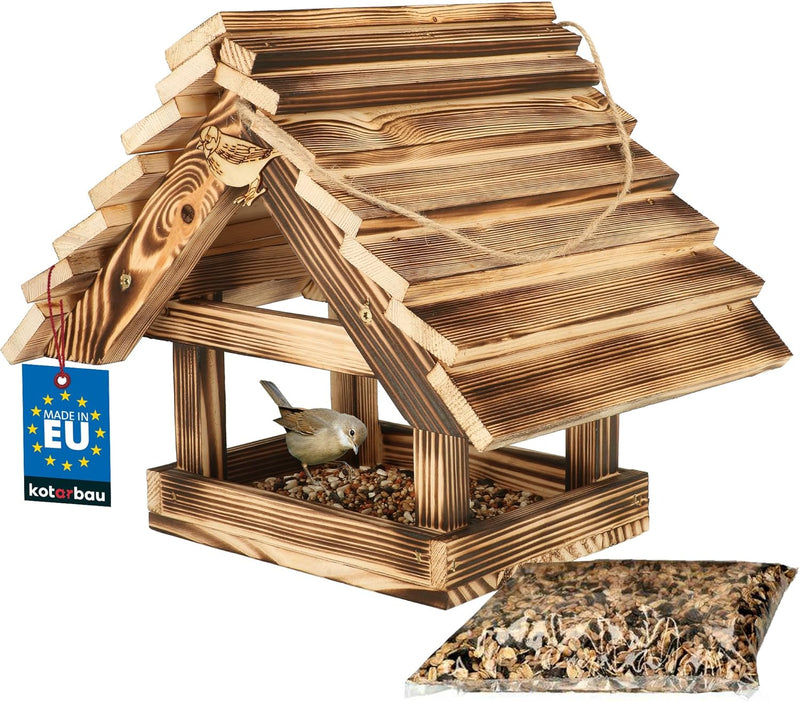 KOTARBAU® Holz-Vogelfutterhaus aus Gebranntem Holz zum Aufhängen + 0,5 kg Futter Gratis