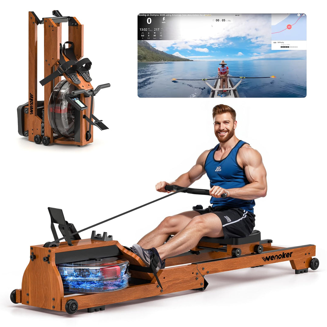 [2026 Testversion] Wenoker Wasser Rudergerät für zuhause Holz Klappbar, Komfortabler Sitz, Bluetooth