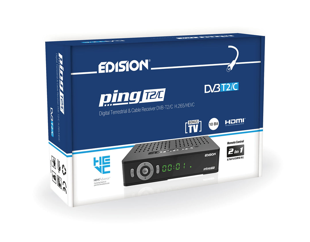 Edision PING T2 C Terrestrischer & Kabel Receiver DVB-T2 C H.265 HEVC Kartenleser Full HD PVR, 2xUSB
