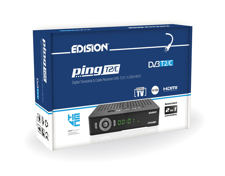 Edision PING T2 C Terrestrischer & Kabel Receiver DVB-T2 C H.265 HEVC Kartenleser Full HD PVR, 2xUSB