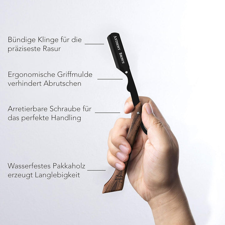 Anthony Brown® Rasiermesser Holz in Schwarz oder Silber - einzigartiger Klingenkopf für mehr Präzisi