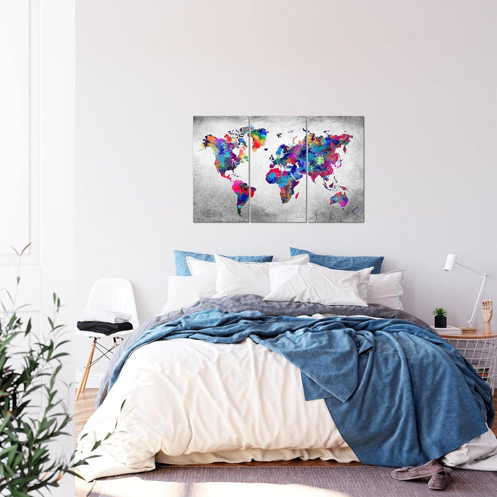 Runa Art Wandbilder Weltkarte Bild XXL Büro Wohnzimmer Bunt Vintage Kontinente 120 x 80 cm 3 Teilig