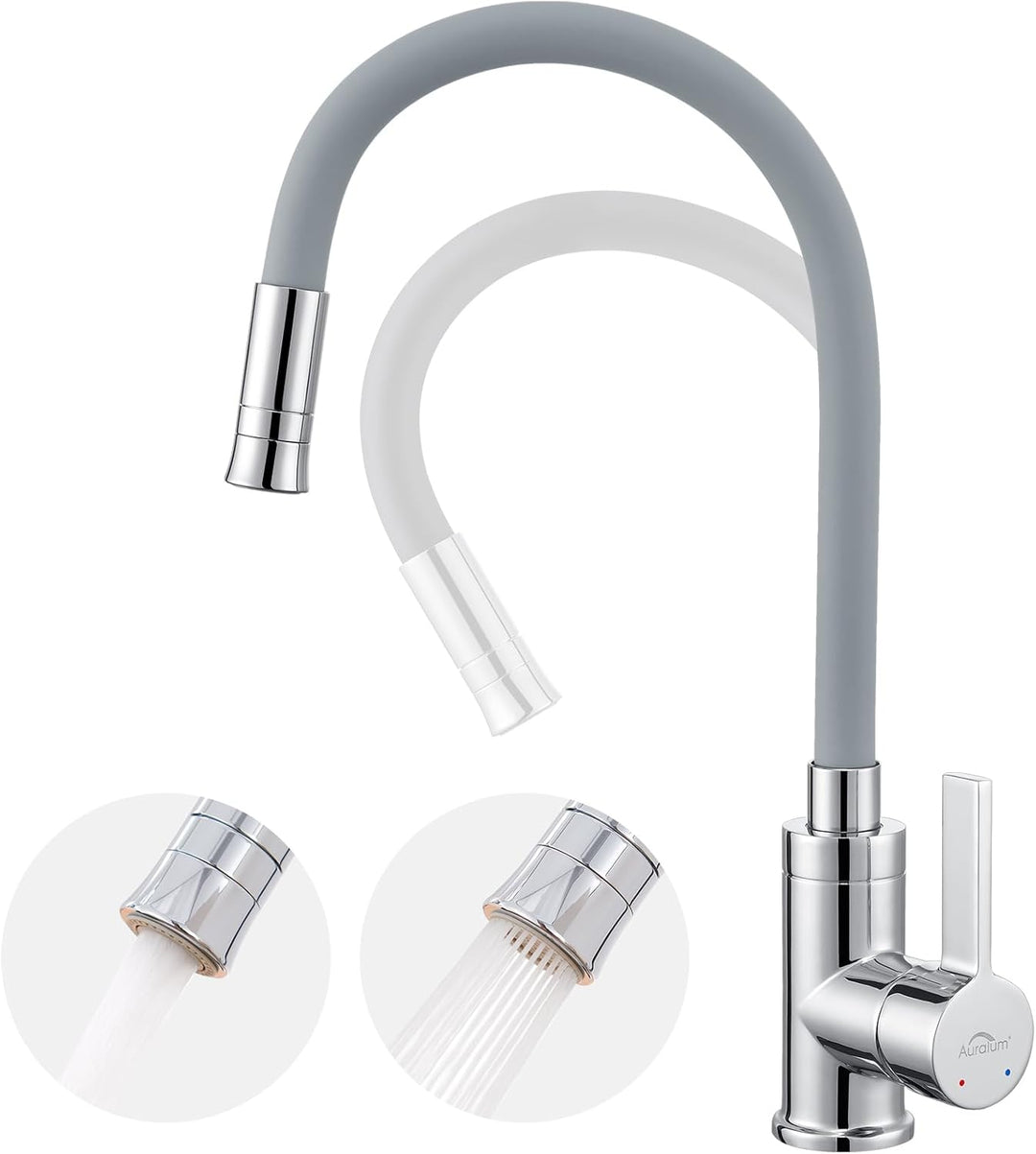 Auralum Flexibler Wasserhahn Küche, Küchenarmatur mit Zwei Wasserstrahlarten, Hochdruck Spültischarm