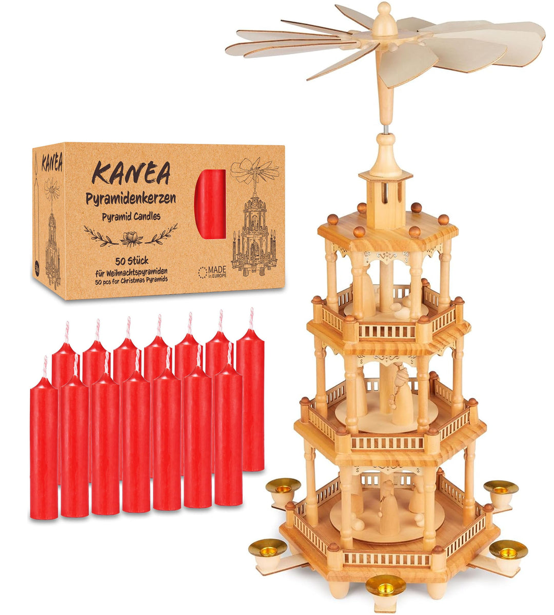 BRUBAKER Weihnachtspyramide aus Holz inkl. 50er Pack Pyramidenkerzen Rot - 55 cm grosse Holzpyramide