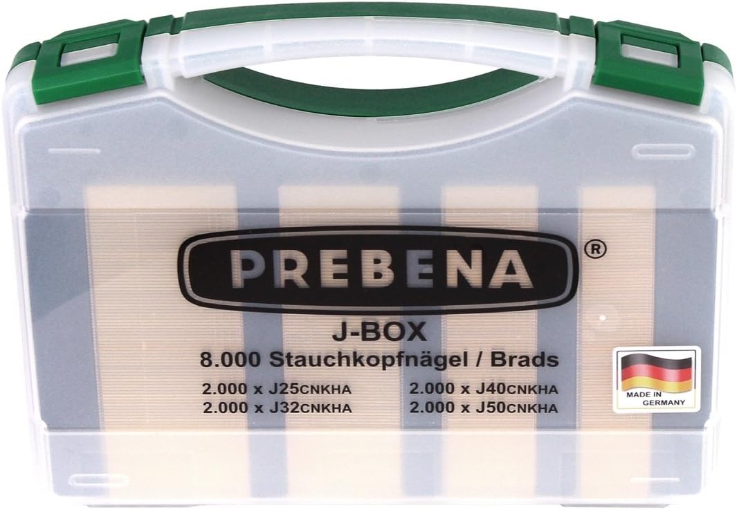 PREBENA 2XR-J50 Luftdruck Druckluftnagler im Transportkoffer + J-BOX 8,000 Stauchkopfnägel/Brads, Gr
