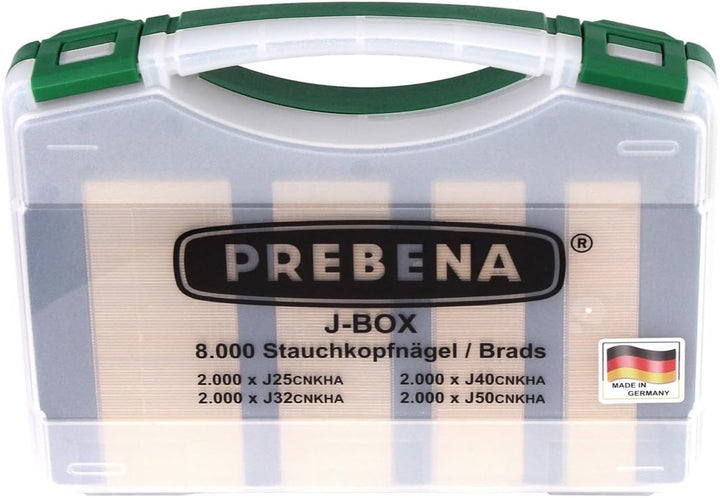 PREBENA 2XR-J50 Luftdruck Druckluftnagler im Transportkoffer + J-BOX 8,000 Stauchkopfnägel/Brads, Gr