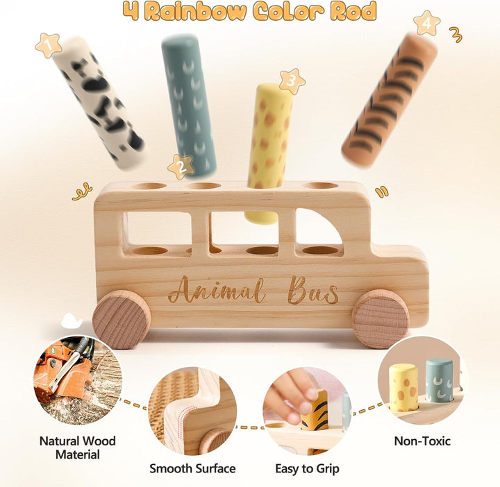 Mamimami Home Holz Pop Up Spielzeug Baby | Montessori-Spielzeug, bunter Tierbus für Kleinkinder | Vo