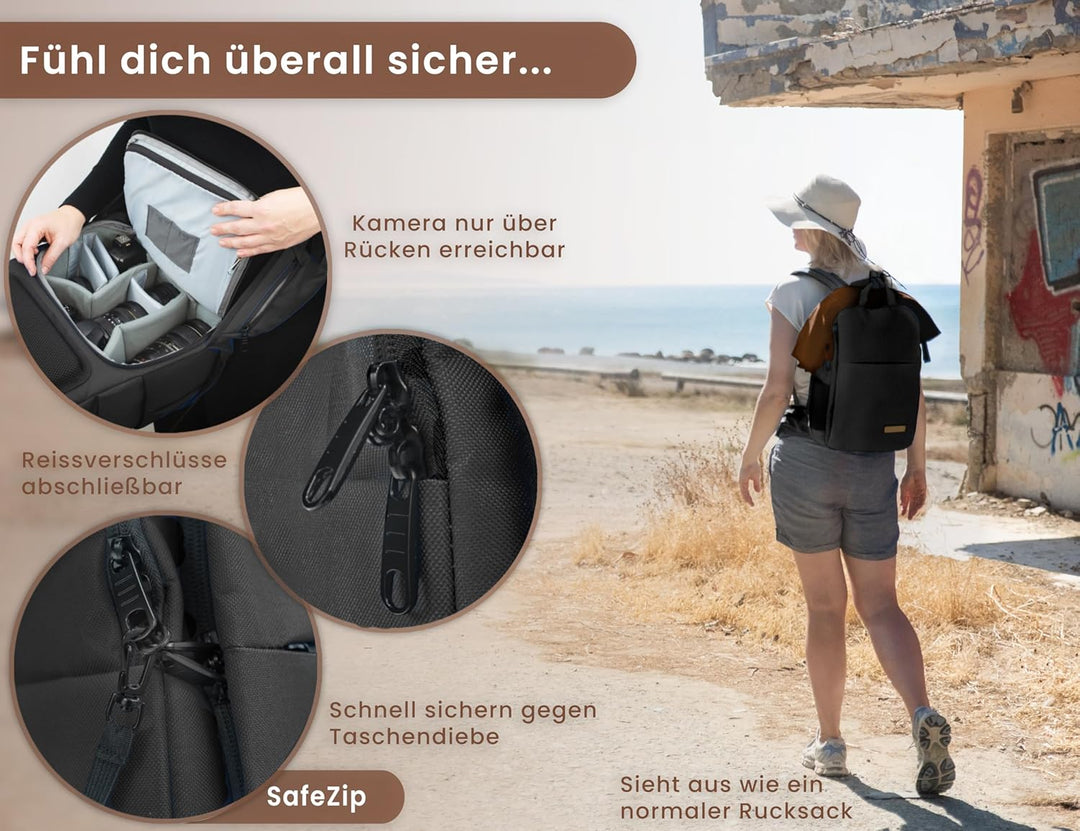 ENTDECKBAG Kamerarucksack Diebstahlsicher [mit Hüftgurt] Stauraum 14” Laptopfach Fotorucksack für Sp