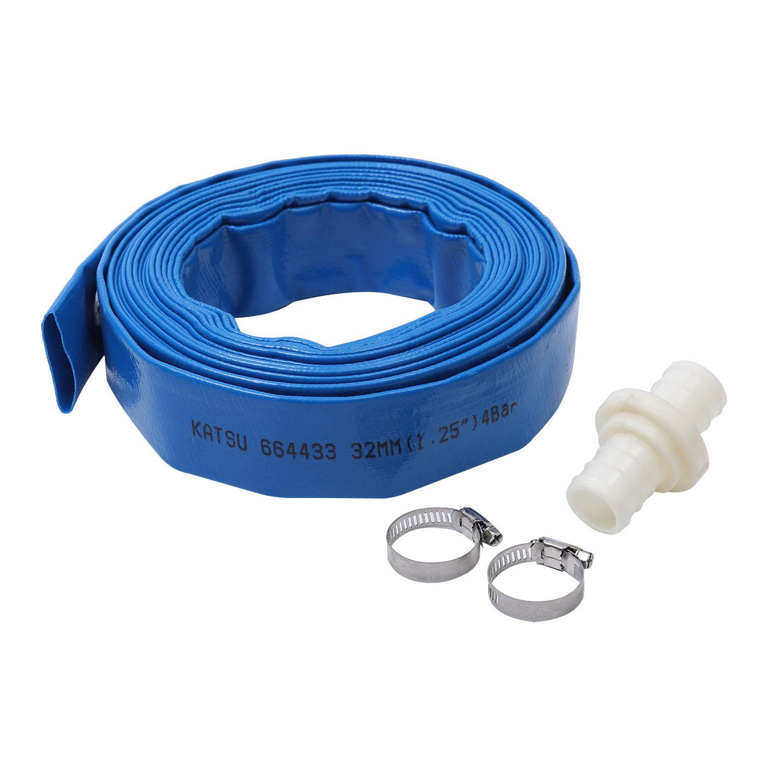 KATSU Flachschlauch Ablaufschlauch 10 m x 32 mm, mit 2 Clips und Schnellkupplungsanschluss, Passend