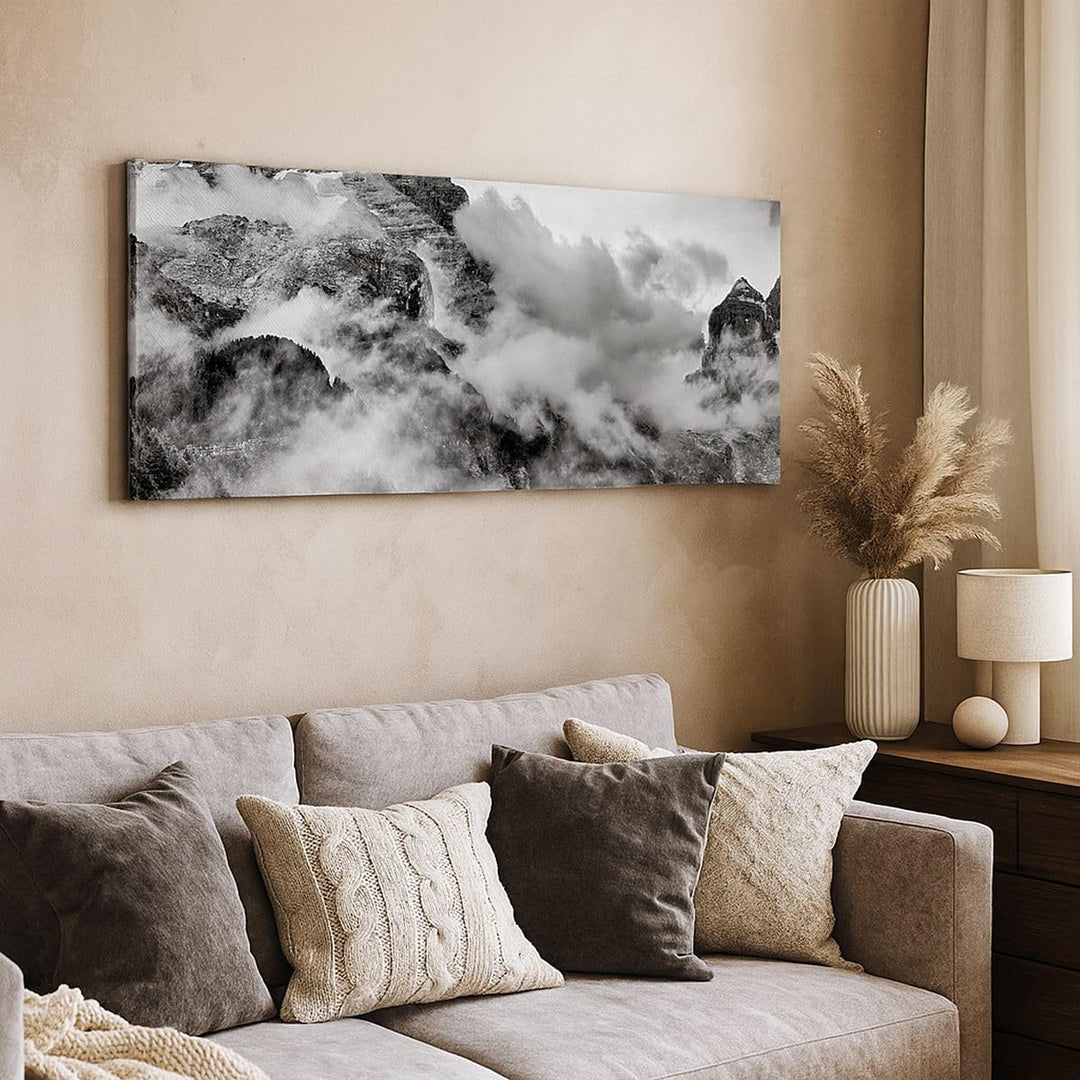 Wandbilder Dekoration Wohnzimmer Berge Nebel Gipfel Panorama Bilder auf Leinwand 120x50cm Leinwandbi