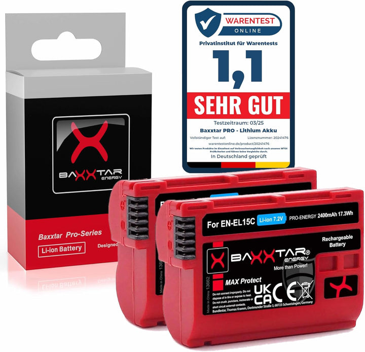 Baxxtar MaxProtect EN-EL15c Kamera-Akku 2X (2400mAh) mit NTC-Sensor und V1 Gehäuse - auch für Z5 Z6