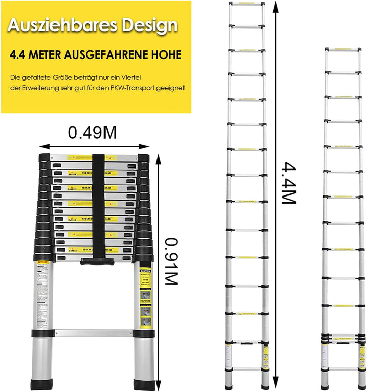 Eulenke Aluminium Teleskopleiter 4.4M Ausziehbare Leiter, Rutschfester Aluleiter Stehleiter Mehrzwec