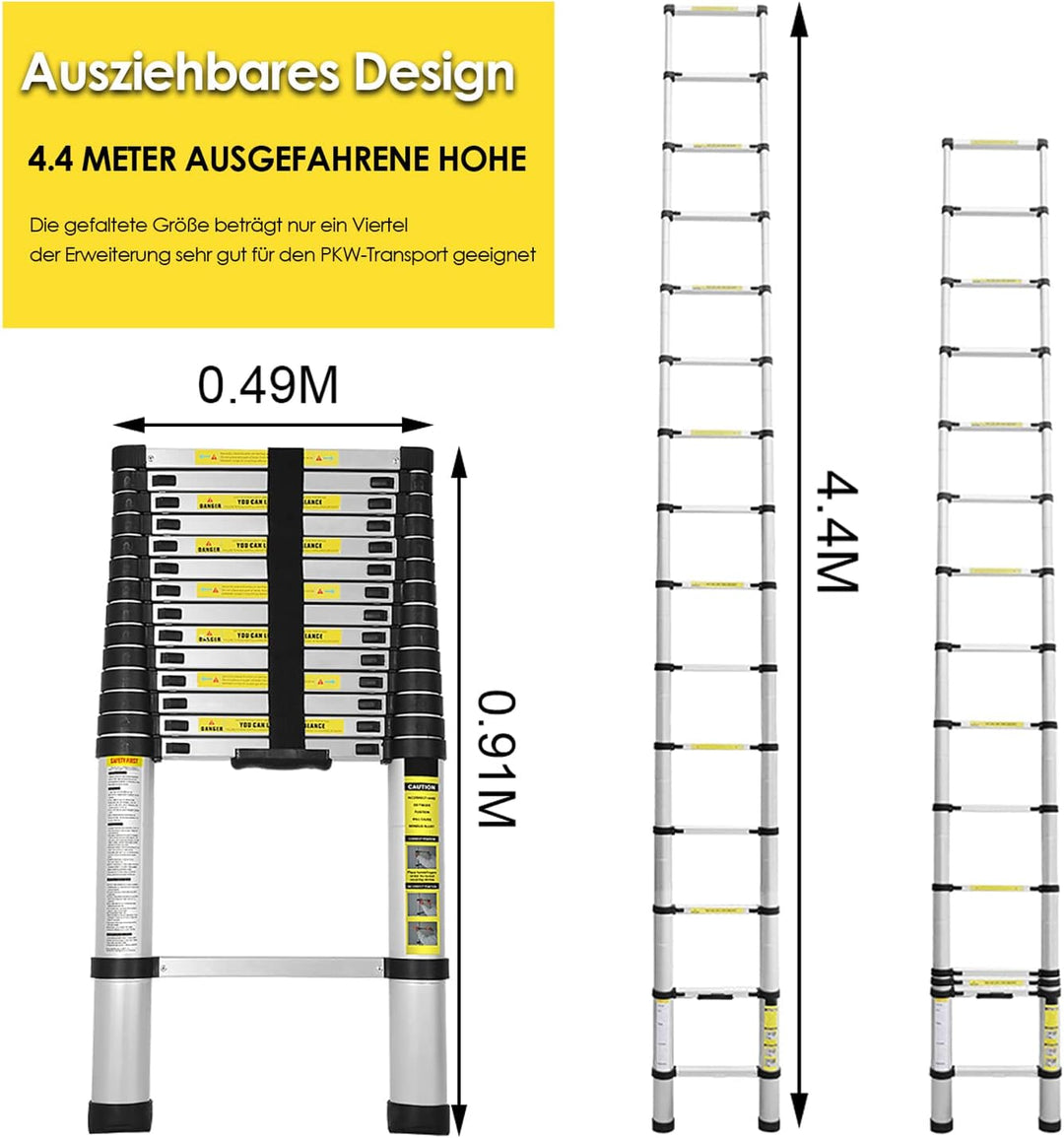 Fiqops Aluminium Teleskopleiter, 4.4M Ausziehbare Leiter, Rutschfester Aluleiter Stehleiter Mehrzwec