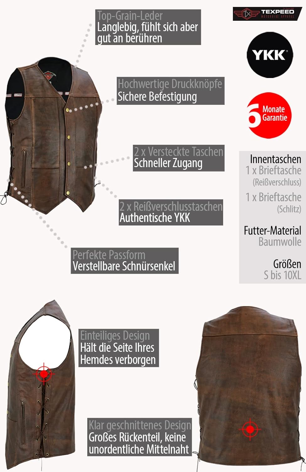 Texpeed motorrad leder weste herren - Chopper biker rocker lederweste - Reissverschlusstaschen mit g