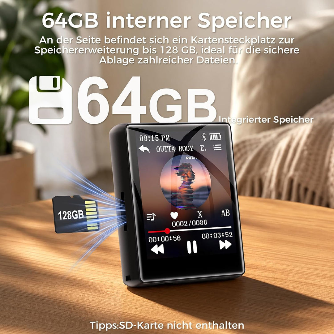 64GB MP3 Player mit Bluetooth 5.3, 1,8 Zoll Touchscreen MP3 Player mit Lautsprecher, HiFi Sound, UKW