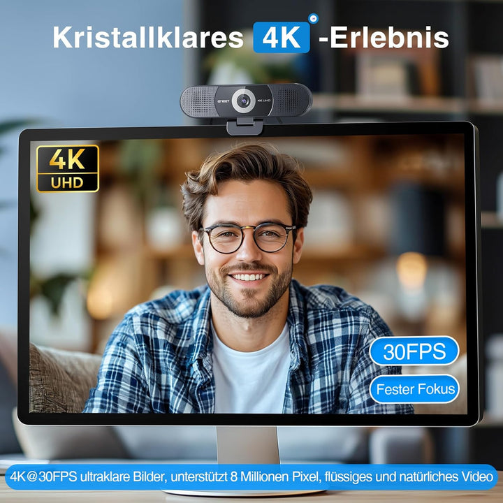 EMEET C980 PRO 3-in-1 4K Webcam Mit 4 Geräuschunterdrückenden Mikrofonen Und 2 Lautsprecher, 60°-98°