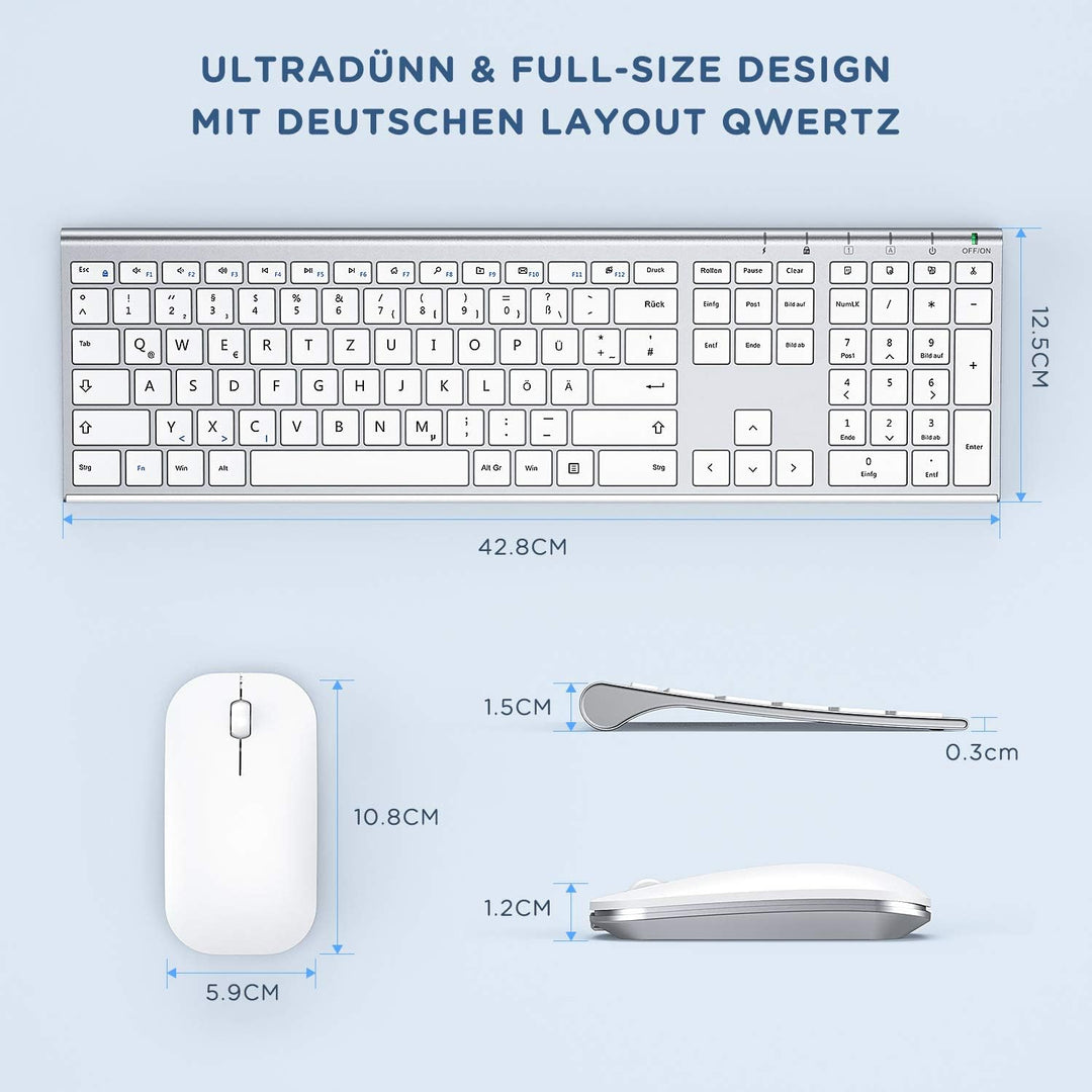 Kabelloses Tastatur Maus Set, seenda 2.4G Ultraflach Wireless Tastatur und Maus Aufladbar aus Alumin