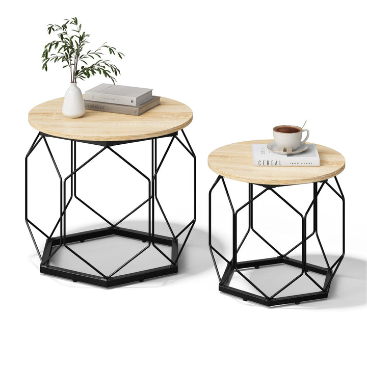 WOLTU Couchtisch 2er Set, Beistelltisch mit runder Tischplatte, Sofatisch mit hohlem Metallrahmen, W
