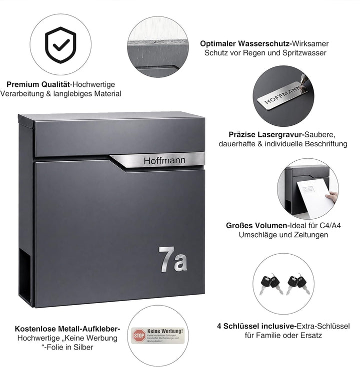 Zedelmaier Design Briefkasten mit Zeitungsfach Anthrazit RAL 7016 Personalisierter - Wandbriefkasten
