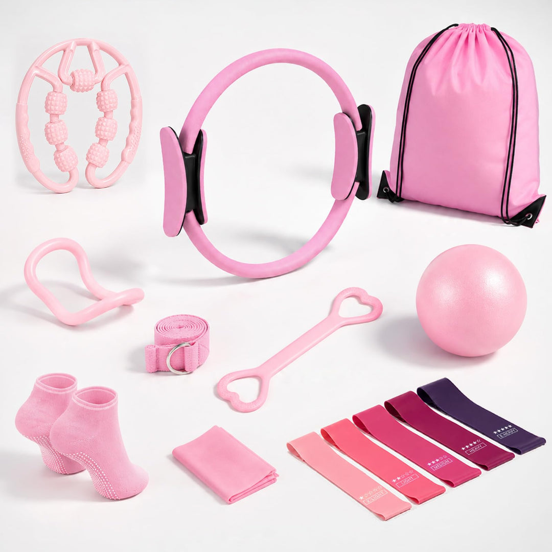 Pilates Set 14 Teilig für Zuhause–mit Pilates Ring, Pilates Ball, Faszienrolle, 5 Fitnessbänder für