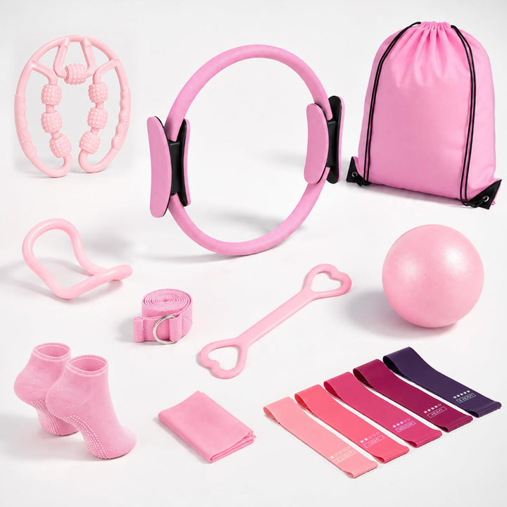 Pilates Set 14 Teilig für Zuhause–mit Pilates Ring, Pilates Ball, Faszienrolle, 5 Fitnessbänder für