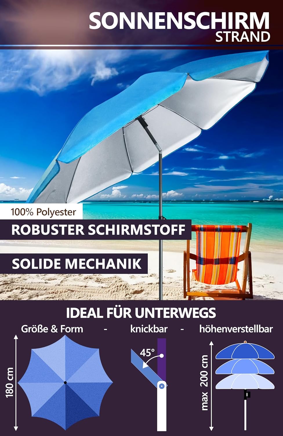 4smile Sunnyjoy Sonnenschirm Strand 3-IN-1 Set - Strandschirm windfest stabil, UPF 50+ Sonnenschirm