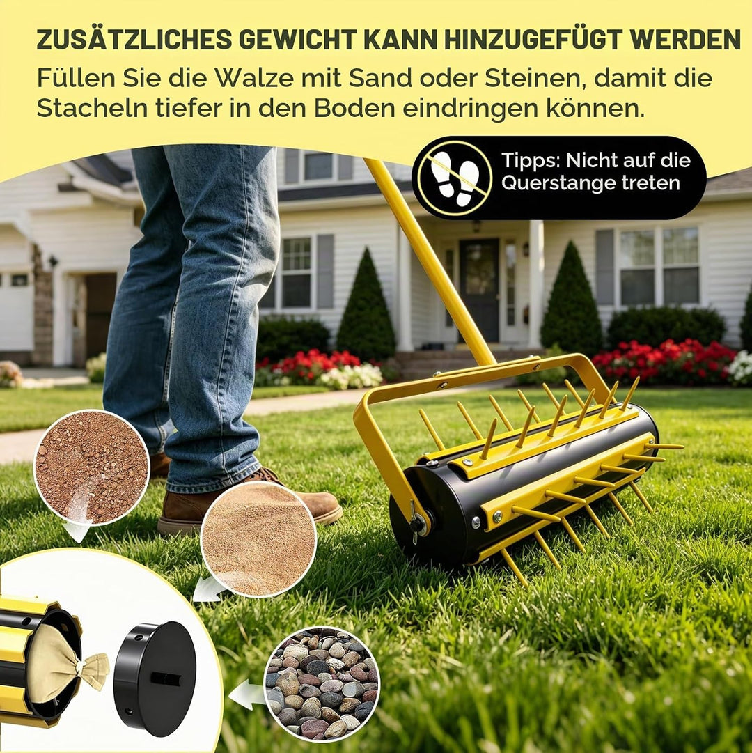 LIROPAU Rasenlüfter Walze, Rasenbelüfter Manuell, Handvertikutierer Rollend mit 36 Nägeln 5.8cm & T-
