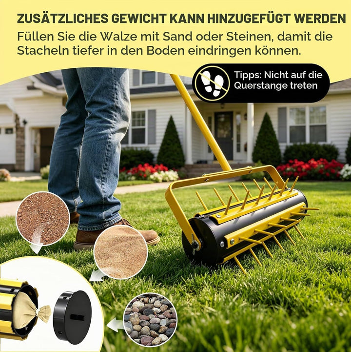 LIROPAU Rasenlüfter Walze, Rasenbelüfter Manuell, Handvertikutierer Rollend mit 36 Nägeln 5.8cm & T-