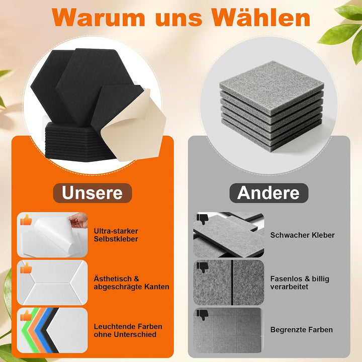 Rdutuok 12 Stück Selbstklebend Akustik Panel,30x26x1cm Hexagon Akustik Absorber Schallschutzplatten