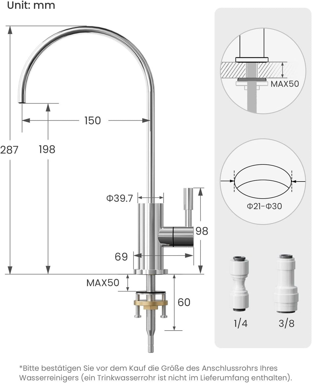 Trinkwasserhahn, Wasserhahn Küche Für Umkehrosmose Oder Wasserfiltersystem, Küchenarmatur Aus Edelst