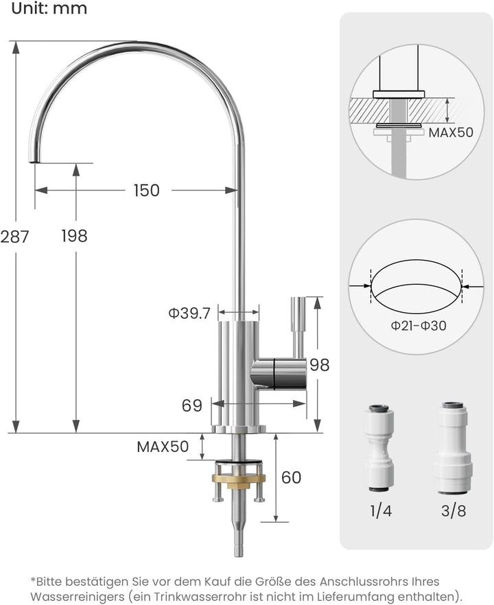 Trinkwasserhahn, Wasserhahn Küche Für Umkehrosmose Oder Wasserfiltersystem, Küchenarmatur Aus Edelst