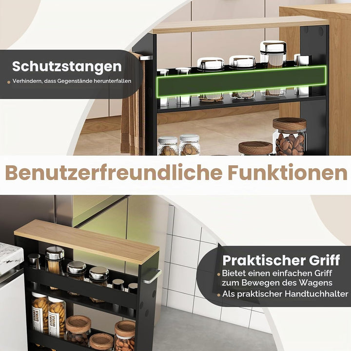 FANTASK 4 Etagen Nischenwagen mit Griff &amp; Geländern, Küchenregal schmal auf Rollen, Badregal Rollwag