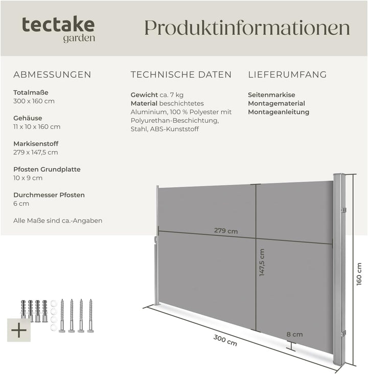 tectake blickdichte Aluminium Seitenmarkise, Wind- und Sichtschutz für Balkon, Garten und Terrasse,