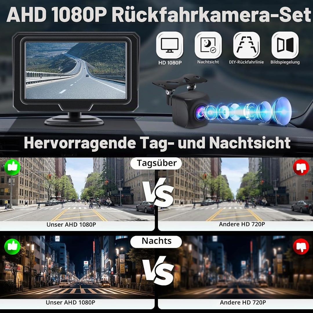 AHD 1080P Kabel Rückfahrkamera Kit, Rückfahrkamera mit 4,3" LCD Monitor, IP68 Wasserdicht Auto Ruckf