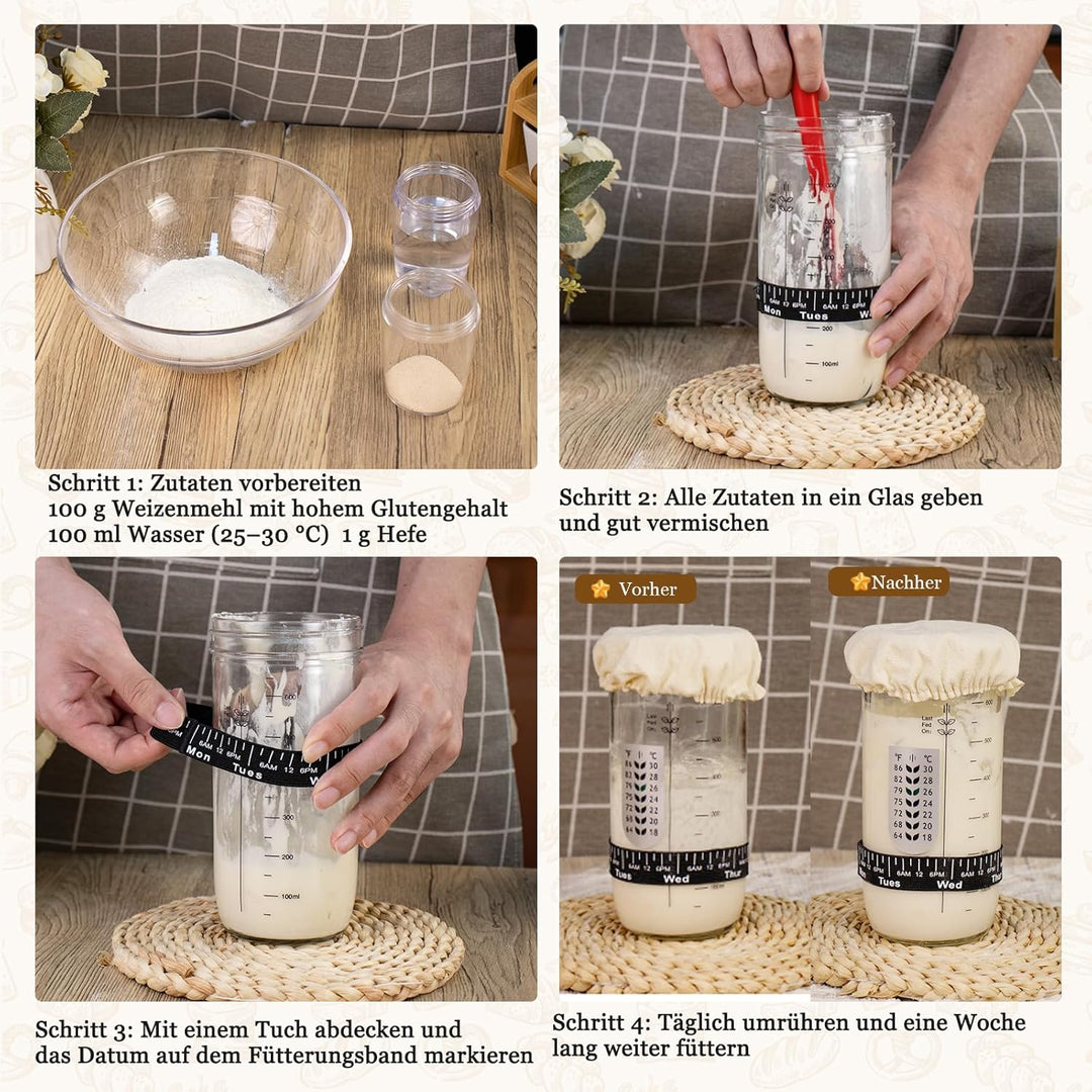Komplettes Gärkörbchen Sauerteig Starter Set, 700ml Sauerteig Glas mit Gärkorb rund und oval, Spatel