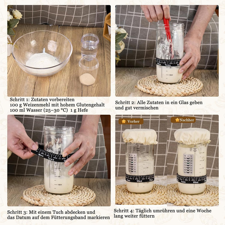 Komplettes Gärkörbchen Sauerteig Starter Set, 700ml Sauerteig Glas mit Gärkorb rund und oval, Spatel