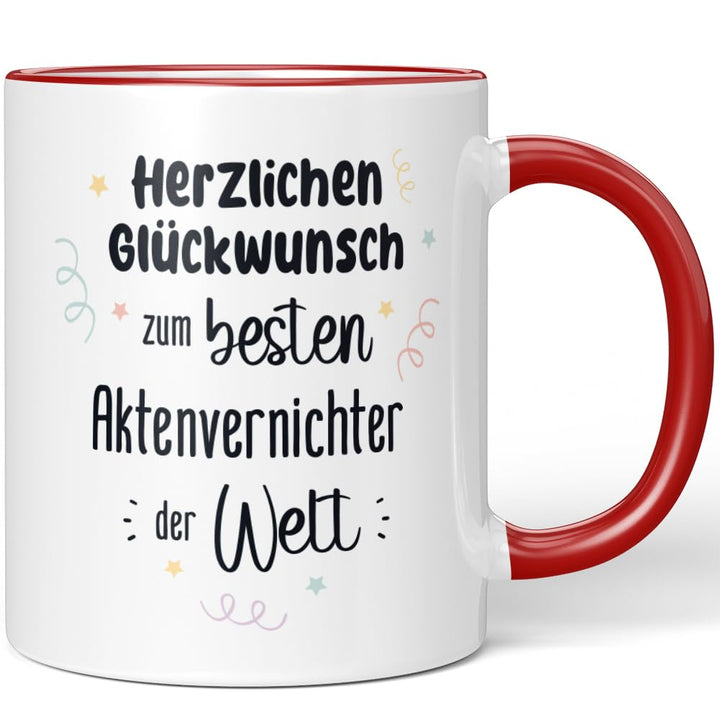 JUNIWORDS Tasse, Herzlichen Glückwunsch zum besten Aktenvernichter der Welt, Rot (7623843), Rot