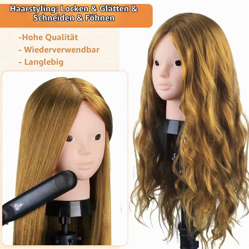 Frisierkopf Schminkkopf mit Puppenkopf Ständer, 80% Echtes Haar 26 Zoll Übungskopf zum Frisieren und