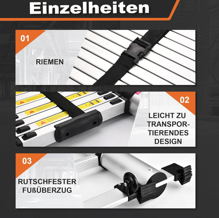 6,3mTeleskopleiter mit Haken, HBTower Leichte Ausziehleiter, Leiter Ausziehbar, klappbare Leiter für