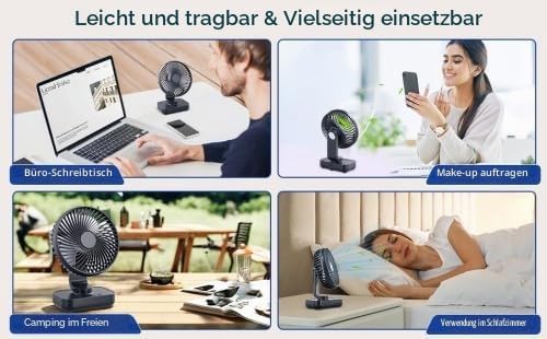 Tischventilator Leise Automatisch Oszillierend, 4000mAh Akku USB 5 Geschwindigkeiten LED-Digitalanze