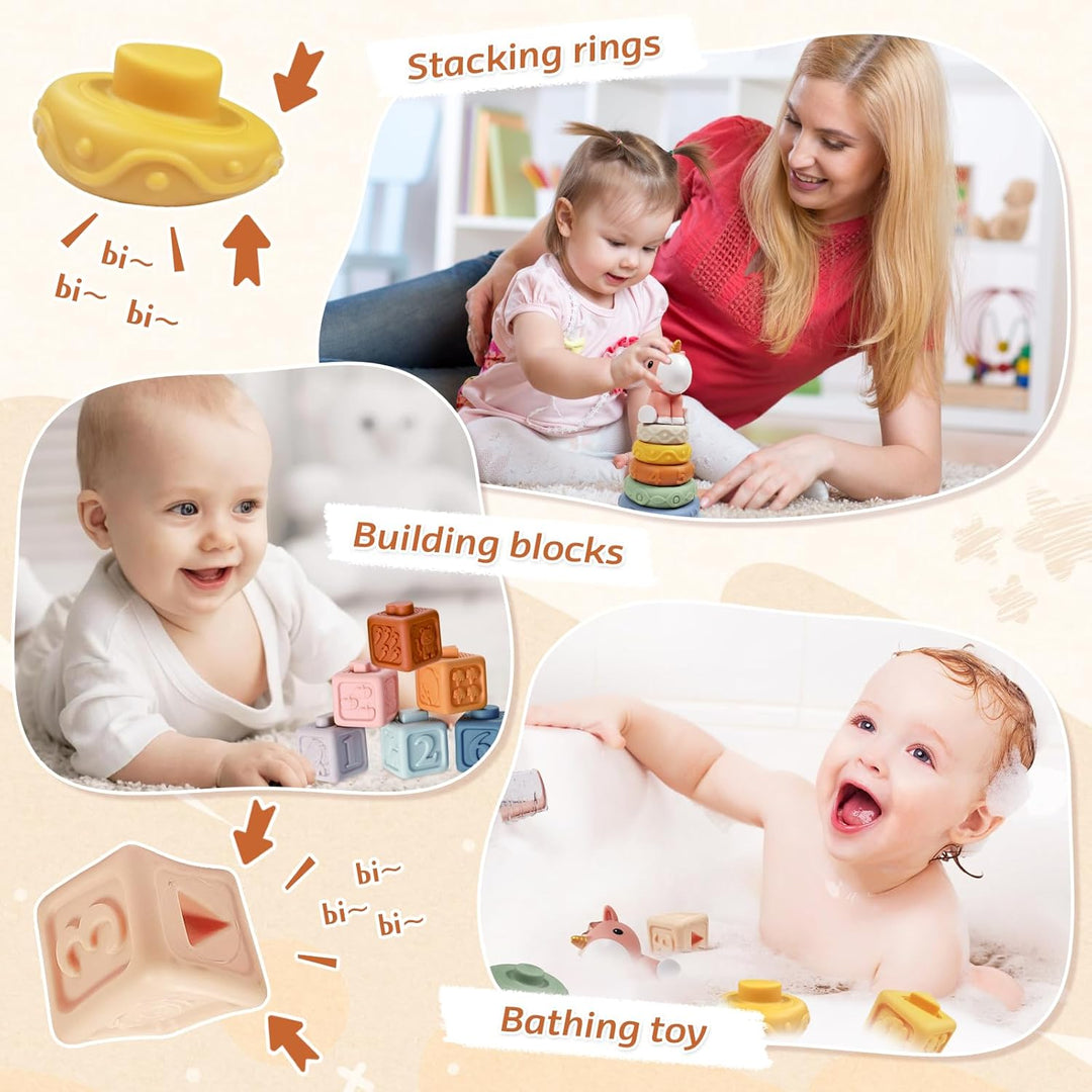 Almaxi Baby Spielzeug 6 Monate-3 Jahren, 4 in 1 Montessori Spielzeug, Stapelturm, Silikonbausteine,