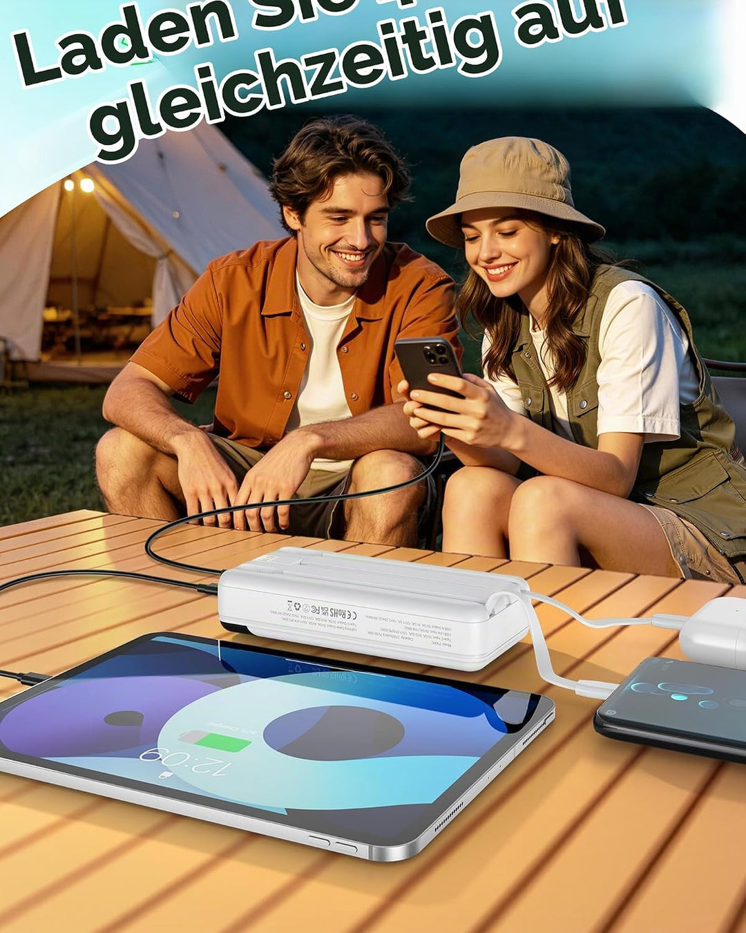 Enerwow Power Bank 27000mAh 22.5W Schnellladen mit Integriertem USB-C Kabel | Externer Akkupack 4 Au
