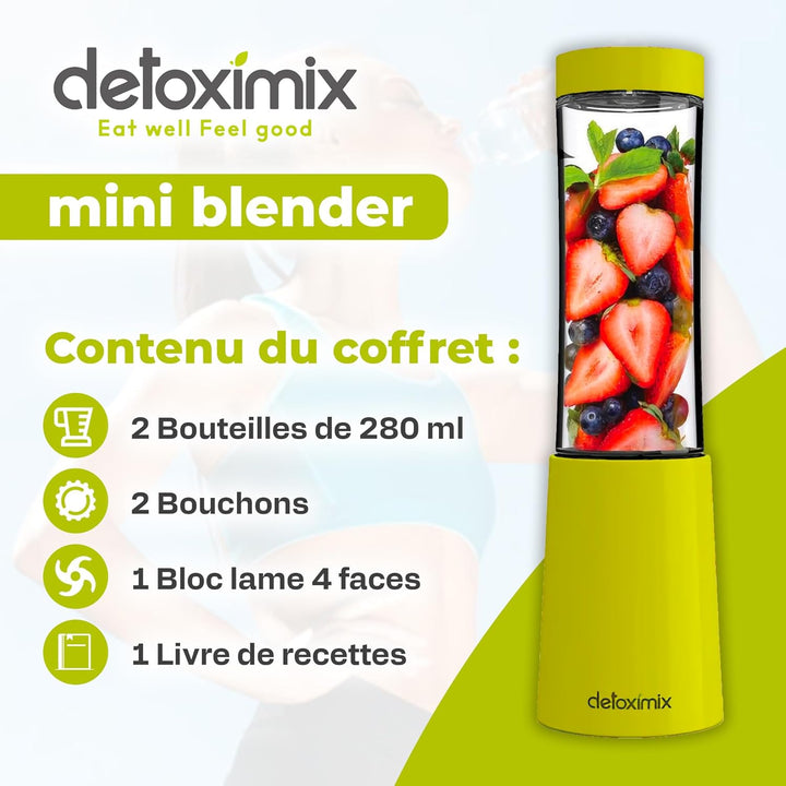 DETOXIMIX Mini Standmixer, ultrakompakt, 150 W, 2 Transportflaschen aus Kunststoff, BPA-frei, 280 ml