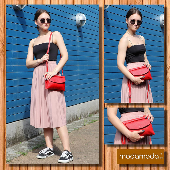 modamoda de - T199 - ital. Umhängetasche Clutch Leder Klein Dark Chocolate, Dark Chocolate