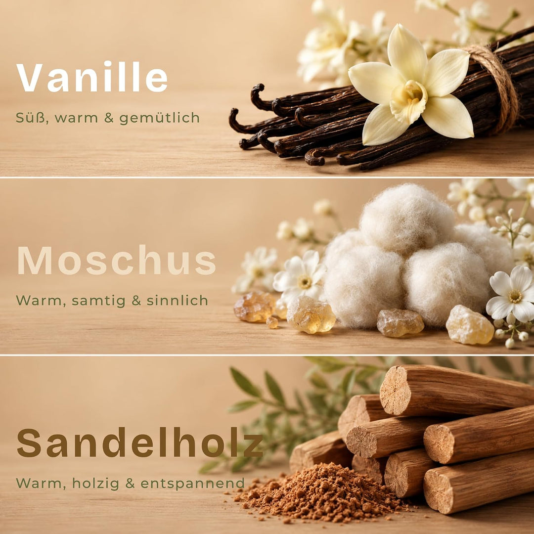 Kerzensand mit Duft Cozy Set 3x150g – Candle Sand [Vanille/Sandelholz/Moschus] – 9 Dochte inklusive